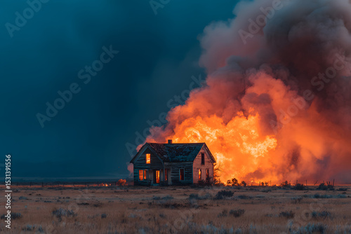 House on fire and burning down putting out the flames landscape