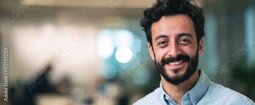 The smiling young man in a modern workplace setting radiating positivity and confidence.