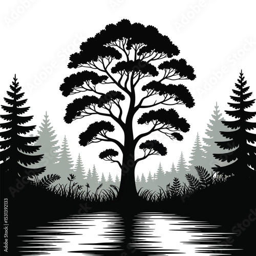 Flat Color Pine Tree Vector on White Background.