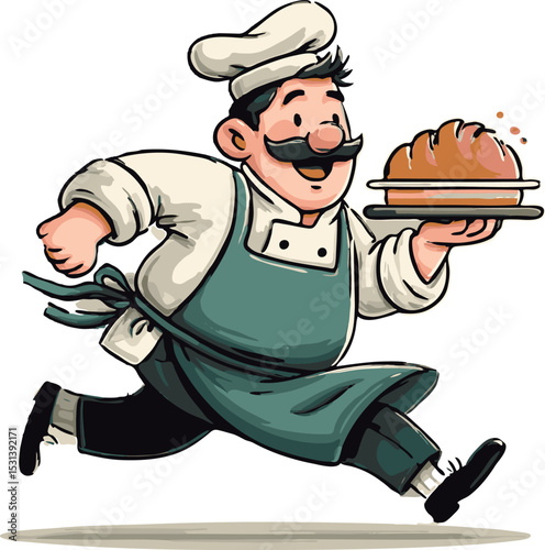  Energetic Cartoon Chef Running with Cake – Flat 2D Vector Illustration