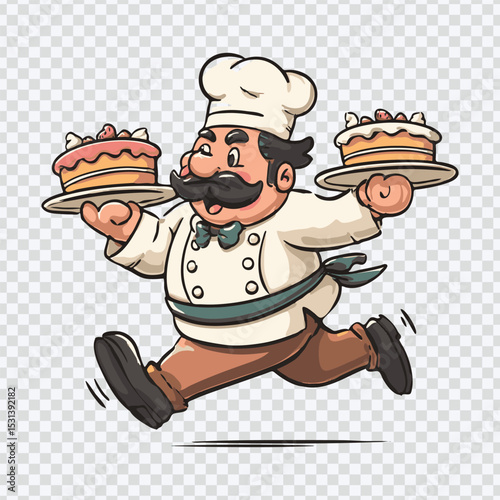 Vintage Cartoon Chef Running with Cakes – Flat Vector Clip Art Sticker