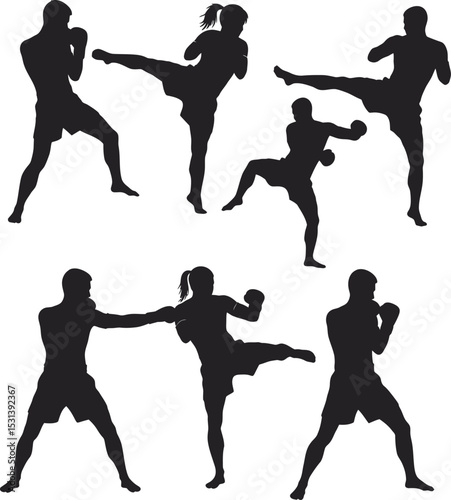 Boxing Silhouette Collection Vector White Color Background