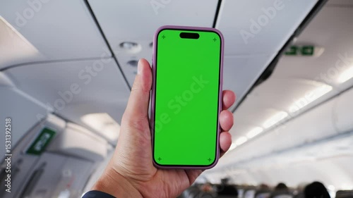 Traveling by plane. Man holding a phone with a green screen on the plane. Travel app service concept. Green screen chroma key.