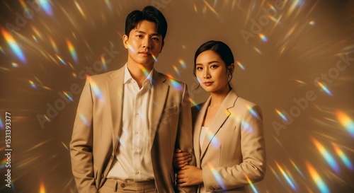 A couple in formal attire posing for a portrait with a sparkling background, suggesting a celebratory or significant event.