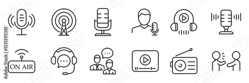 Podcast outline icon set. Set of 10 outline icons related to podcast. Containing microphone, radio, webcast, broadcast, audio, channel, video, headphones, news, and more. Vector Illustration.