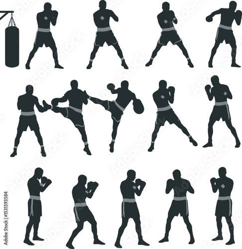 Boxing Silhouette Collection Vector White Color Background