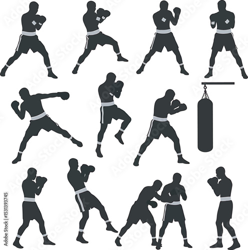 Boxing Silhouette Collection Vector White Color Background