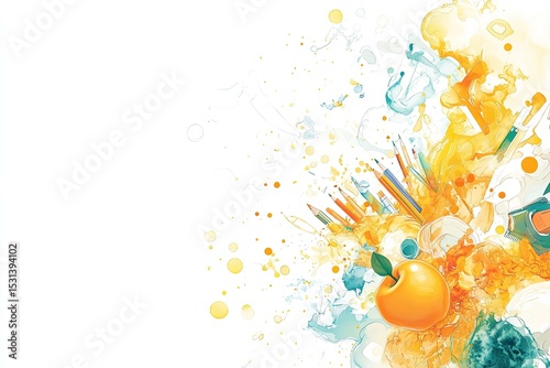 Abstract art of school supplies. Colorful, textured, artistic depiction of colored pencils, an apple, and other stationery items bursting forth from a background of vibrant, splatter-style paint