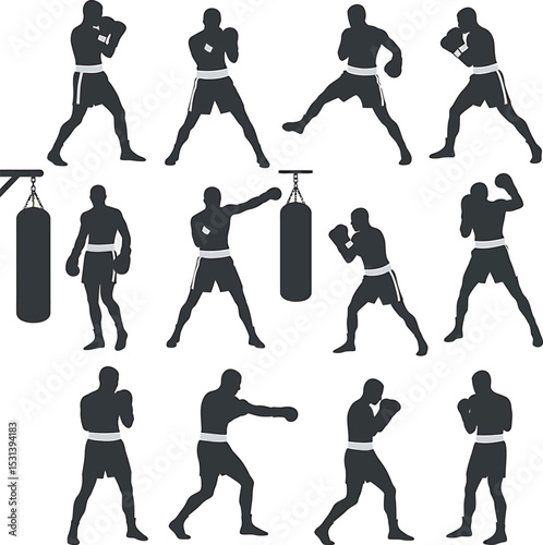 Boxing Silhouette Collection Vector White Color Background