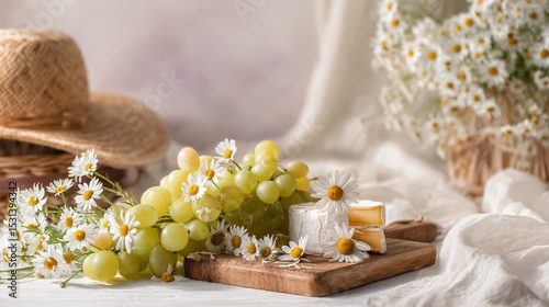 A airy summer picnic setup with small cheese board, grapes, and chamomile flowers, pastel backdrop photo