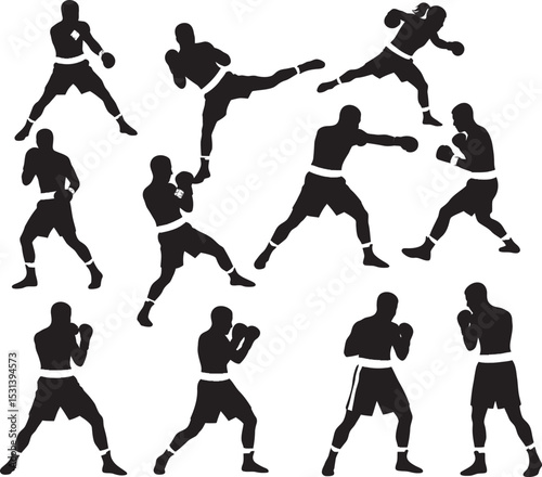 Boxing Silhouette Collection Vector White Color Background