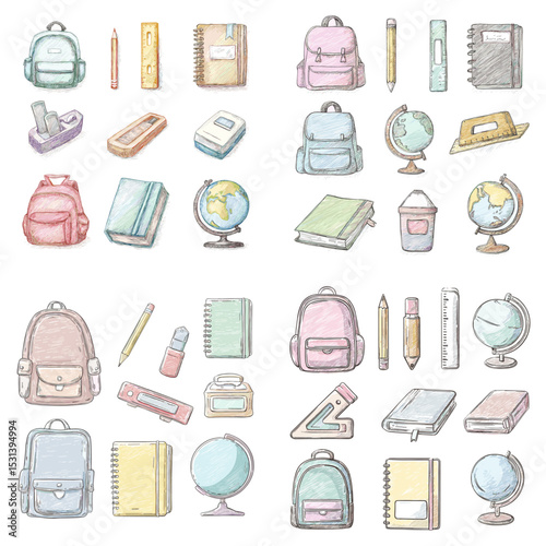 Cute hand-drawn icons of school supplies including backpacks, books, pencils, rulers, globes, and notebooks—perfect for education or back-to-school designs.

