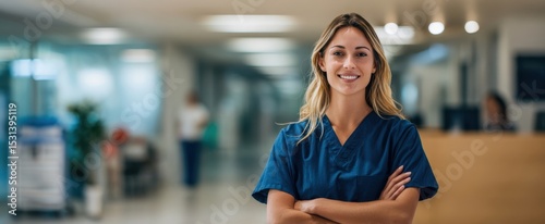 The smiling nurse in scrubs exuding professionalism and warmth in the hospital environment.