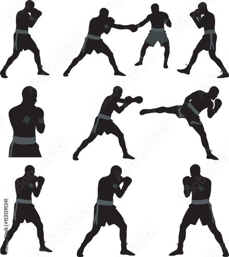 Boxing Silhouette Collection Vector White Color Background