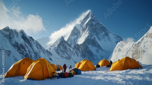 Base Camp with Yellow Tents on Snowy Mountain with Climbers under Blue Sky