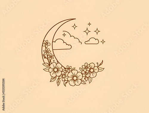 Vintage line art crescent moon, flowers, clouds, stars. Sepia tone, beige background. Chiaroscuro lighting, geometric logo, strong contrasts, deep shadows.