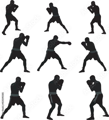 Boxing Silhouette Collection Vector White Color Background