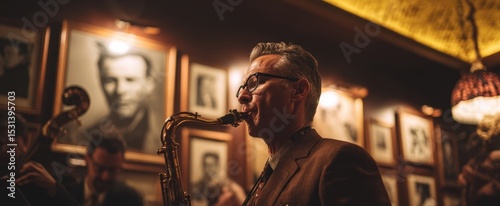 The saxophonist playing passionately in an intimate jazz bar setting.