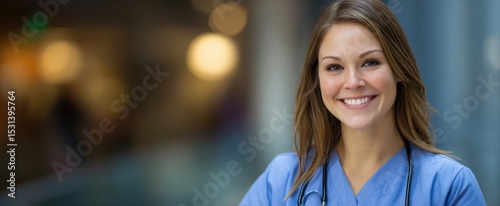 The smiling healthcare professional in a hospital setting.