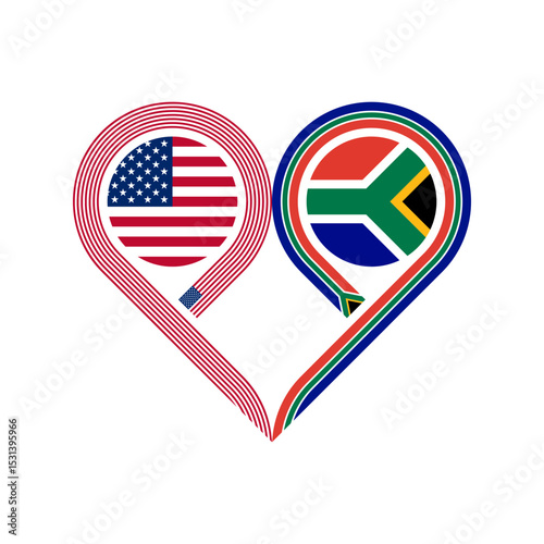 friendship concept. heart symbol icon of united states and south africa flags. vector illustration isolated on white background