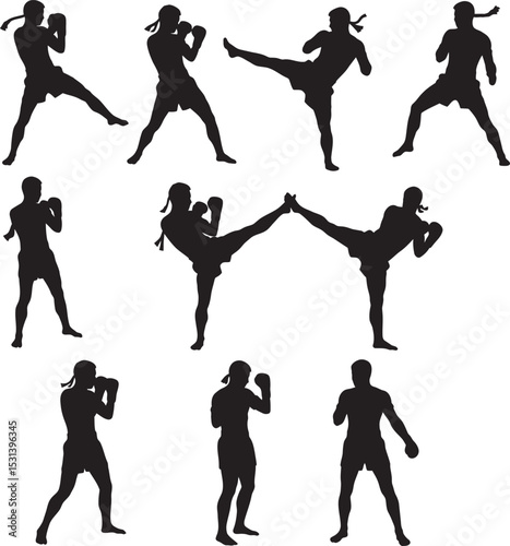 Boxing Silhouette Collection Vector White Color Background