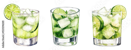 Caipirinha cocktail with lime slices and ice cubes in short glass. Watercolor illustration isolated on transparent background. Brazilian drink with cachaca