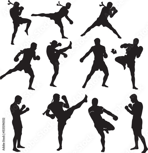 Boxing Silhouette Collection Vector White Color Background