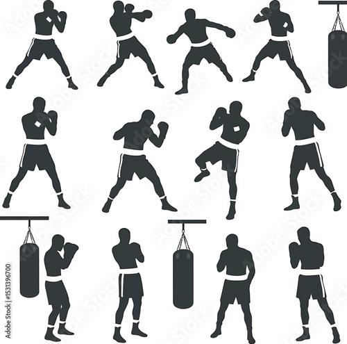 Boxing Silhouette Collection Vector White Color Background