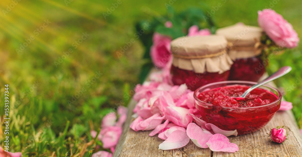 Rose petal jam in the garden. Selective focus. Rose petal jam in the garden. Selective focus.