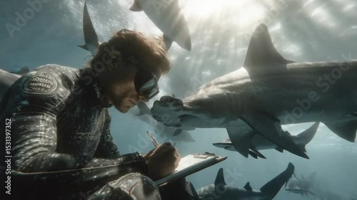 Underwater Research: Marine Biologist Studies Hammerhead Sharks in Their Natural Habitat