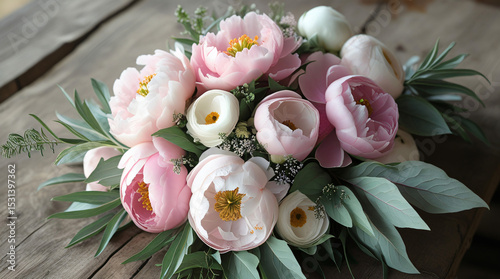 Peony and Ranunculus Bouquet - A soft pastel bouquet featuring pink peonies, white ranunculus, and dusty miller leaves in a loosely gathered style