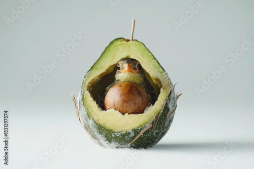 A small bird nestled within a halved avocado