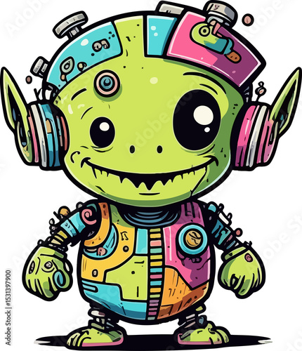 Fun cartoon green alien reptile character vector illustration