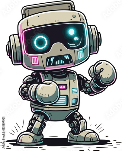 A funny, retro robot character illustration shows a cute, vintage android toy with futuristic metal details, perfect for science fiction technology vector art