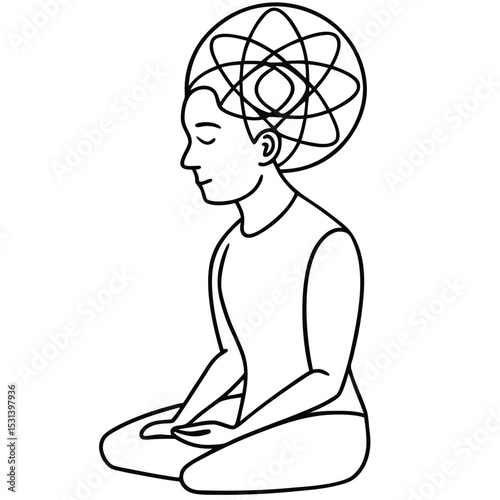 Person in meditative pose with atom symbol above head