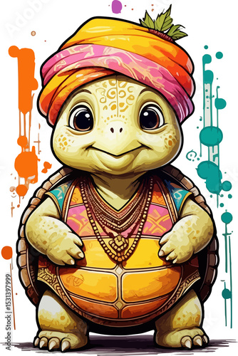 A funny cartoon animal character, a tortoise, plays a guitar while a sword-wielding turtle skates by, ready for holiday fun