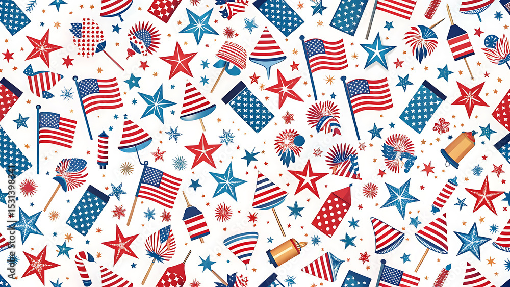Seamless Patriotic Firecracker Pattern with Stars and Flags for Fabric Seamless Patriotic Firecracker Pattern with Stars and Flags for Fabric