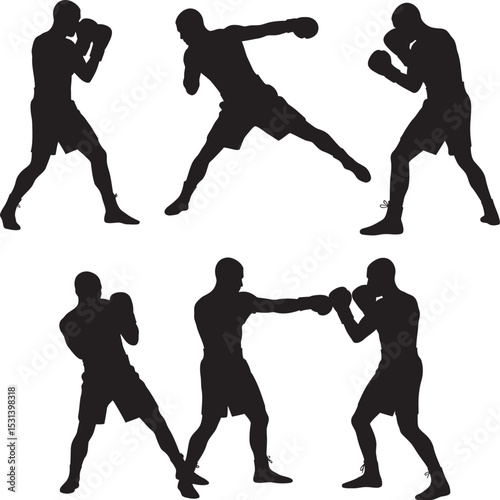 Boxing Silhouette Collection Vector White Color Background