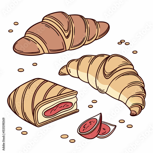 French Bakery Croissants and Pastries with Crumbs on Table