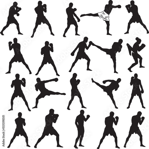 Boxing Silhouette Collection Vector White Color Background