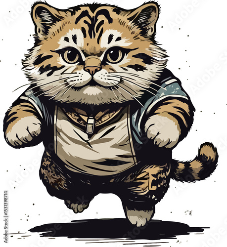 Cartoon striped tiger cat illustration with a fish and mouse