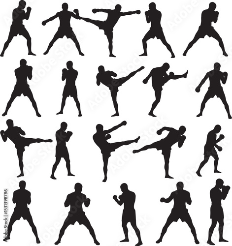 Boxing Silhouette Collection Vector White Color Background