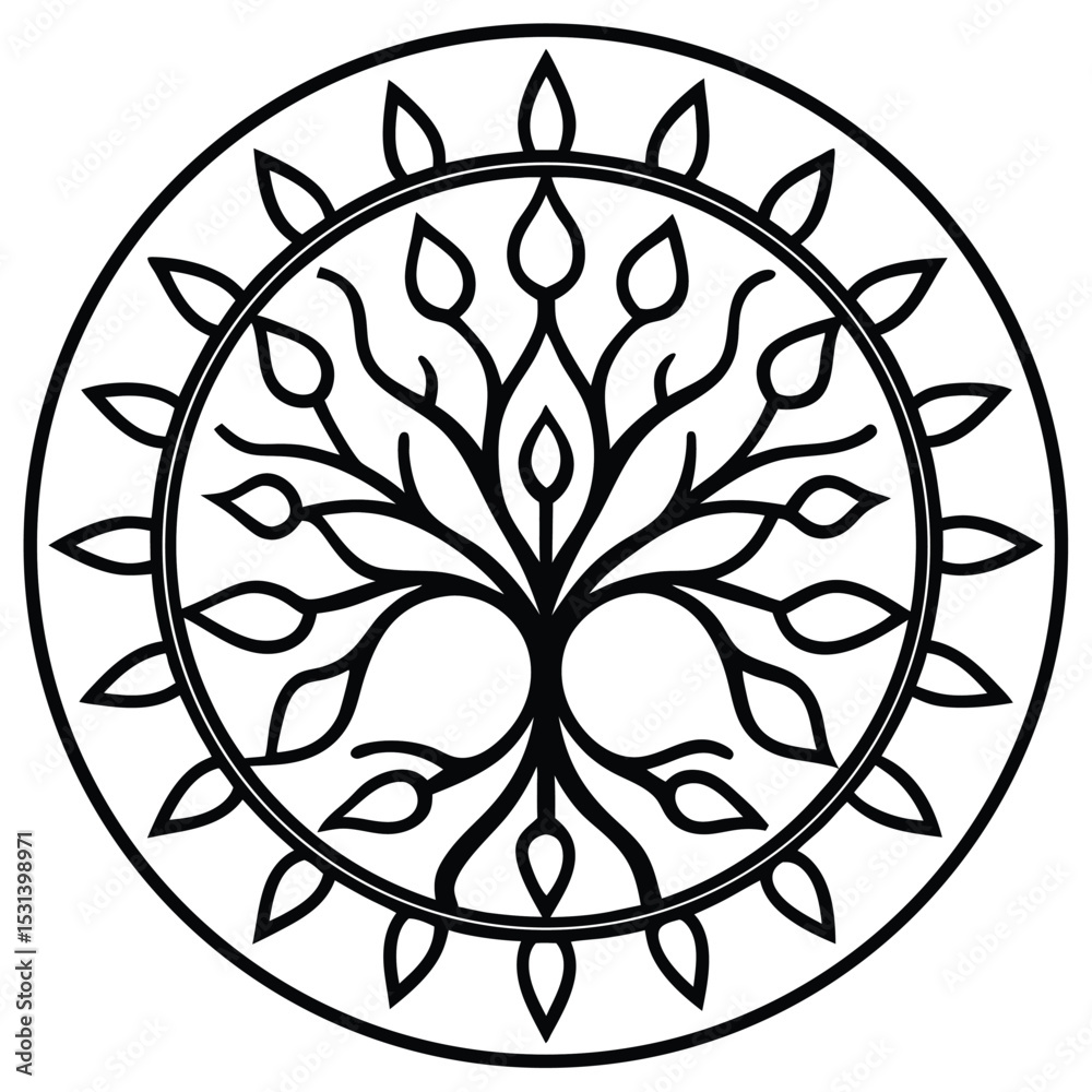 Circular Tree of Life Mandala Design in Black and White Circular Tree of Life Mandala Design in Black and White