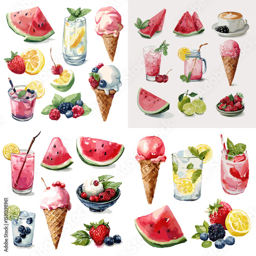 Fresh and juicy watercolor illustrations of summer treats, including ice cream, lemonade, watermelon slices, berries, and fruity drinks.

