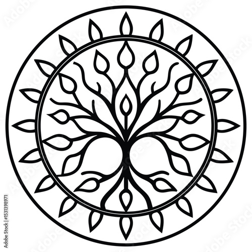 Circular Tree of Life Mandala Design in Black and White