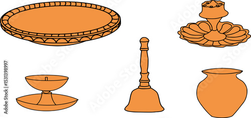 Puja Thali Items- Puja Thali, Ghanti, Diya, Agarbatti stand, Kalash