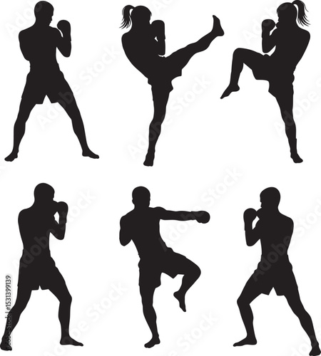 Boxing Silhouette Collection Vector White Color Background