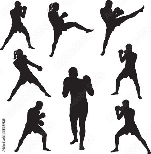 Boxing Silhouette Collection Vector White Color Background