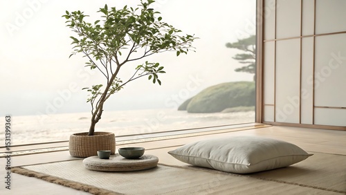 Serene Minimalist Meditation Room Coastal View & Tranquil Design
