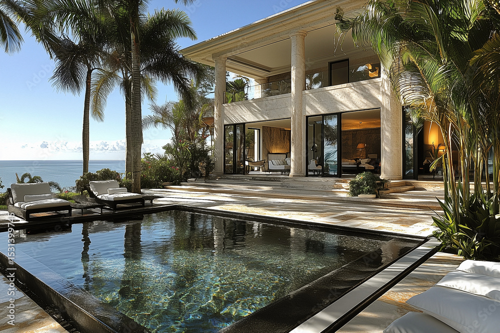 Fototapeta premium Architecture design 3D rendering: luxury villa-resort in the nature near the sea with pool outside